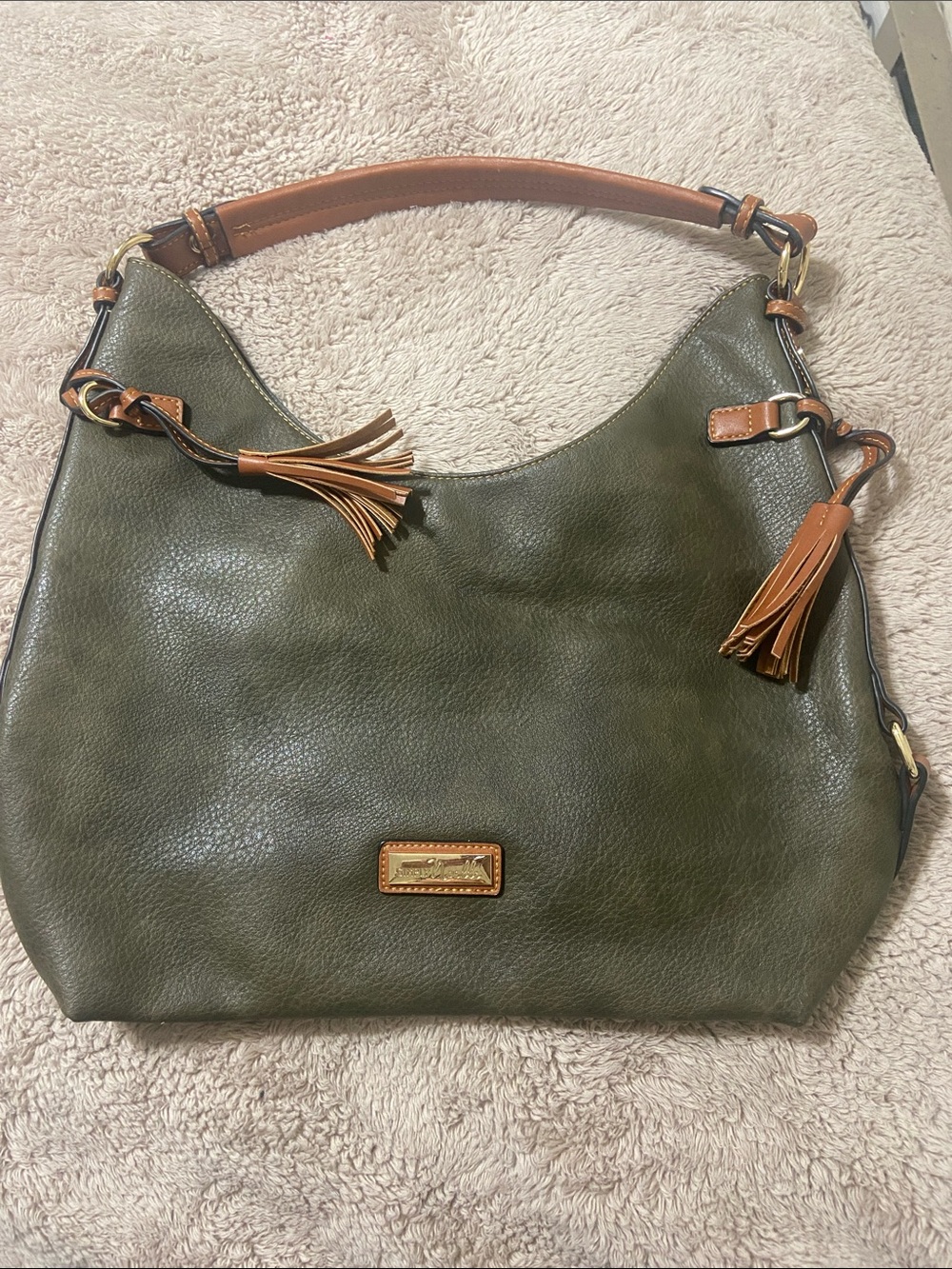 Simply Noelle Olive Green Shoulder Bag with Tan Trim and Tassels